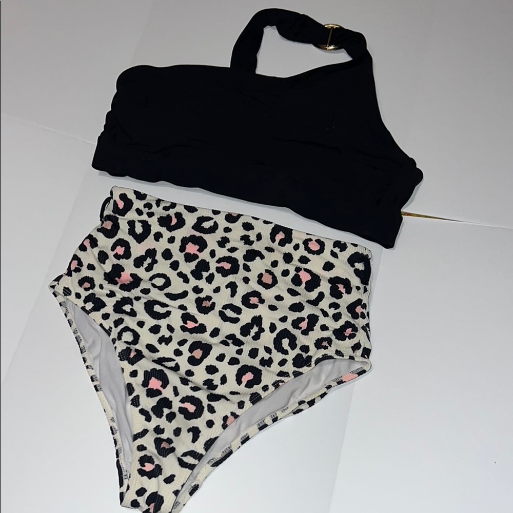 Black and Leopard Print Bikini Set